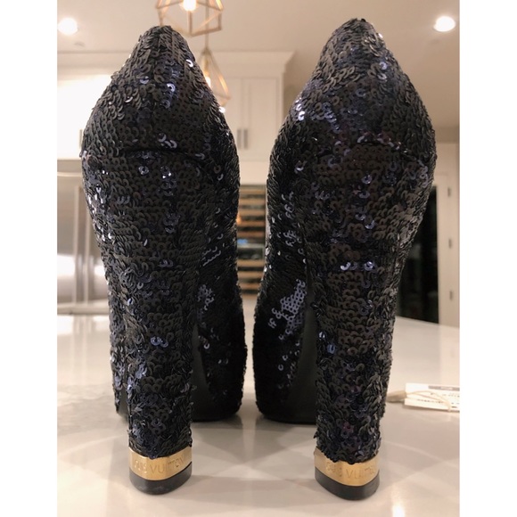 LOUIS VUITTON Dark Midnight Blue Sequin Glitter Sparkle Peep Toe Platform Pumps - Picture 11 of 17